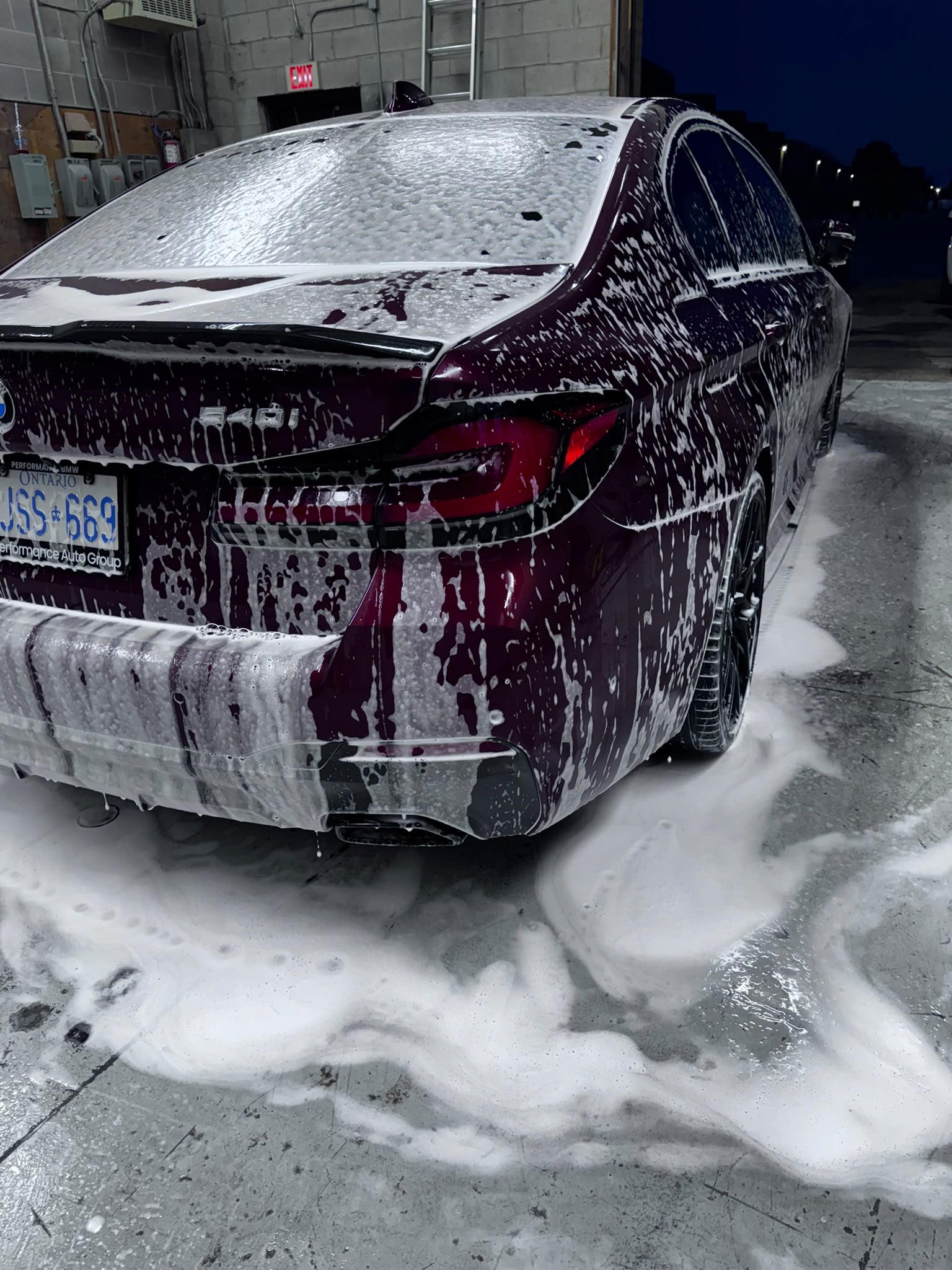 BMW 540i Sedan — Deep Plum Purple Snow Foam Cascade